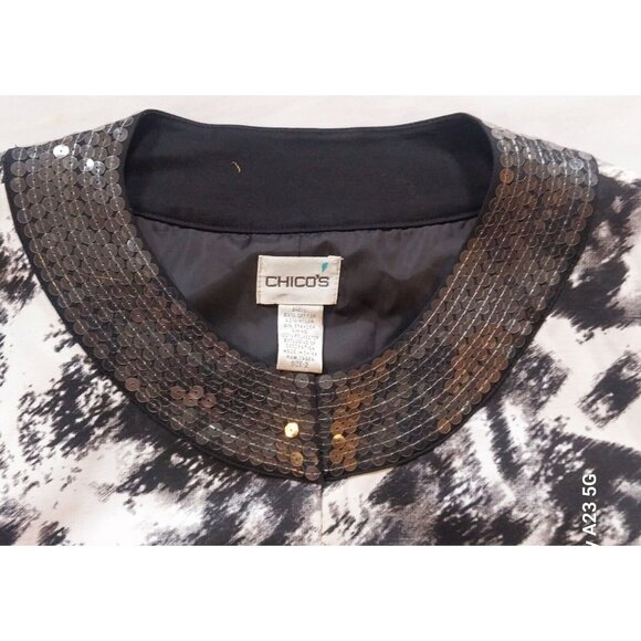 Chico Size 2 Jacket Long Sleeve Artsy Black & White Sequins Y2K Bling Geisha - Picture 3 of 12